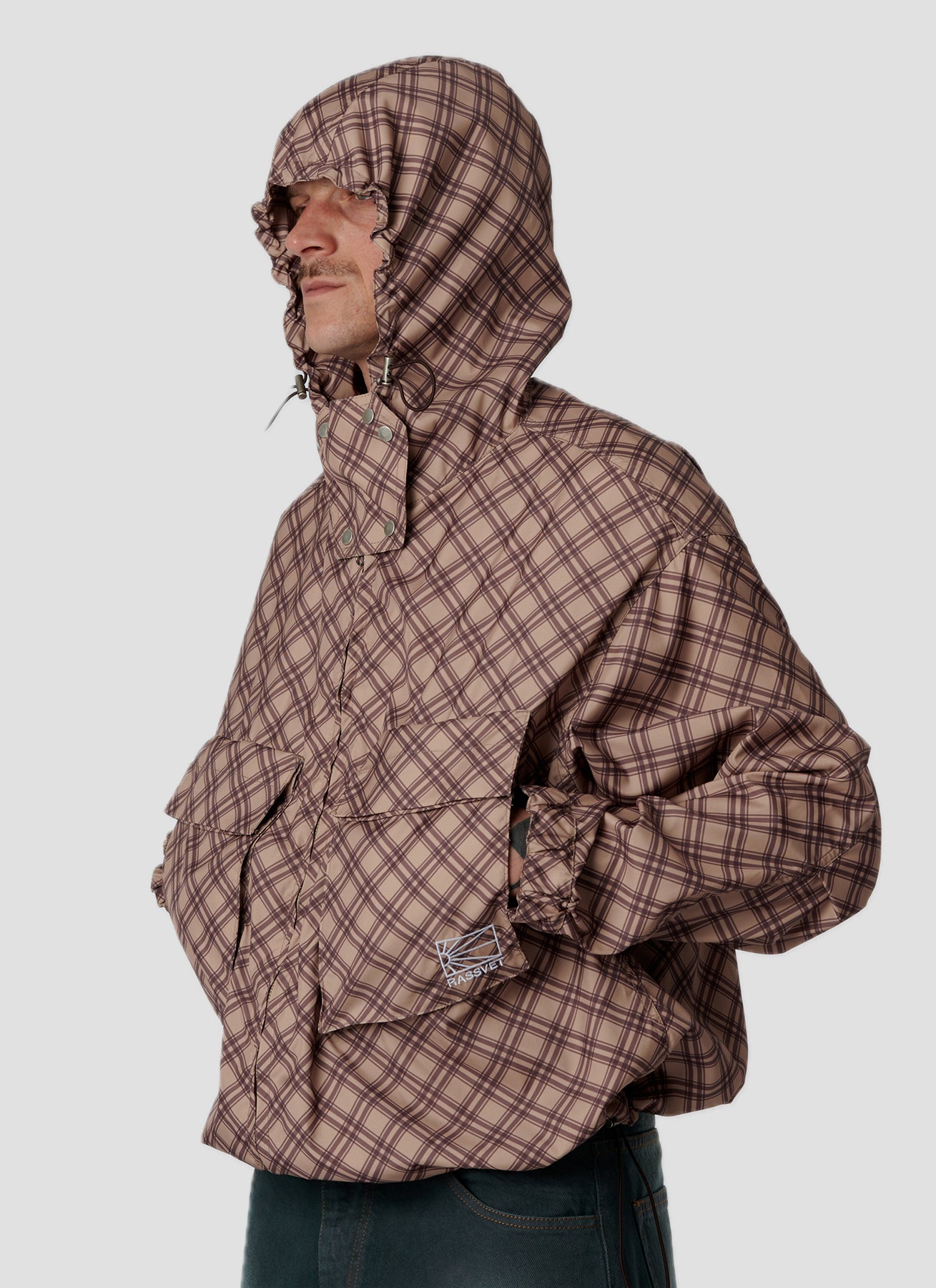 PACC18J006-1 ~ MEN POLY TARTAN HOODED JACKET BROWN