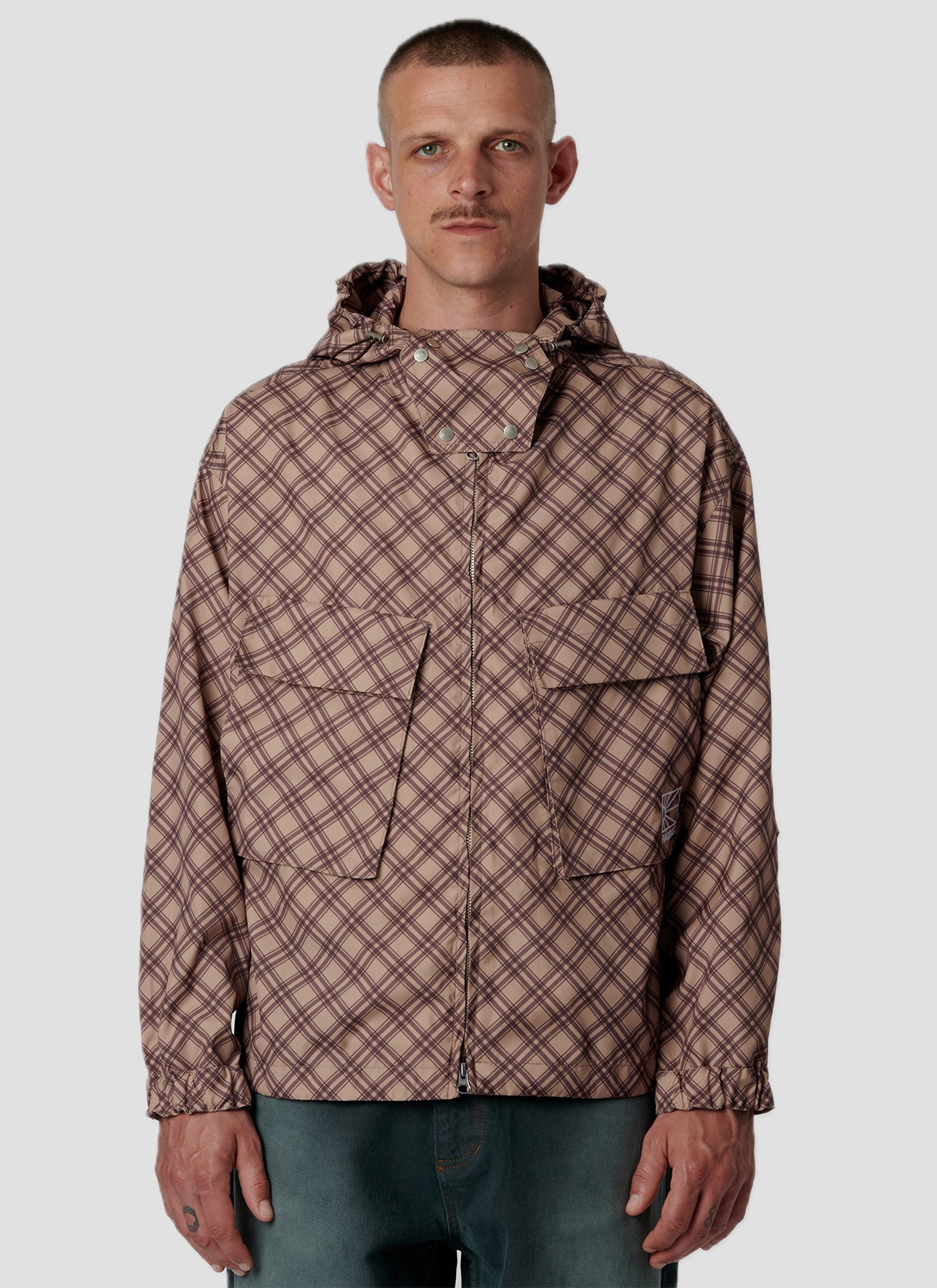 PACC18J006-1 ~ MEN POLY TARTAN HOODED JACKET BROWN