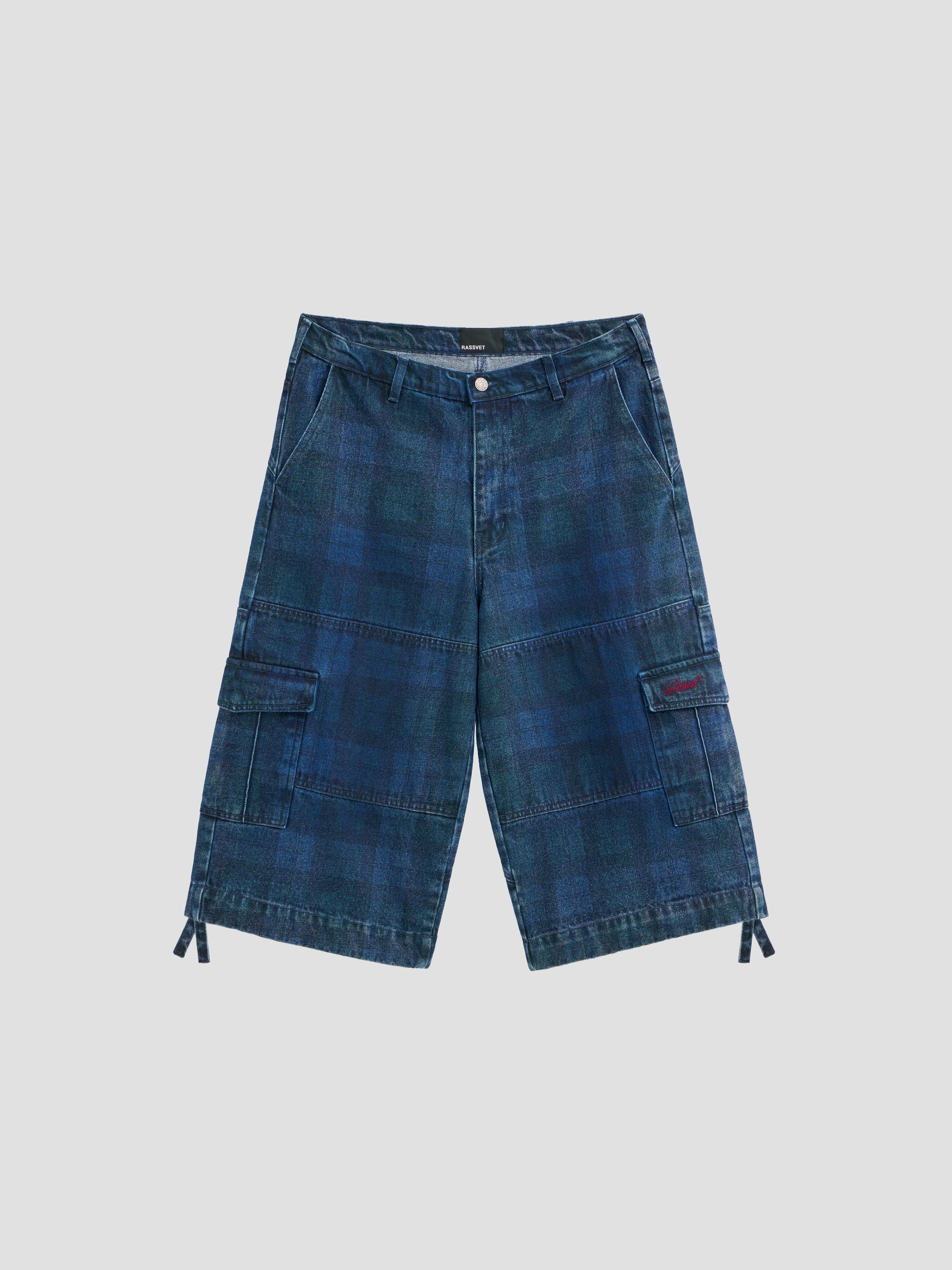 PACC17P001 ~ DENIM CARGO THREE QUARTER PANT - BLUE PLAID
