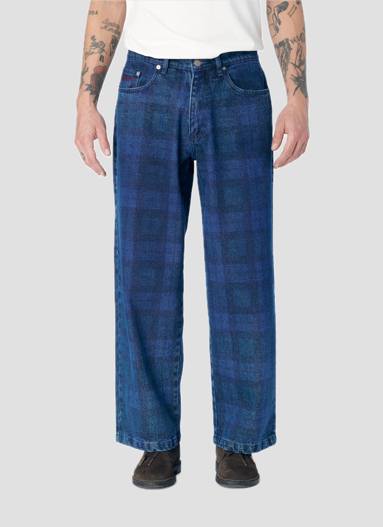 PACC17P022 ~ BAGGY JEAN DENIM PANT - BLUE PLAID