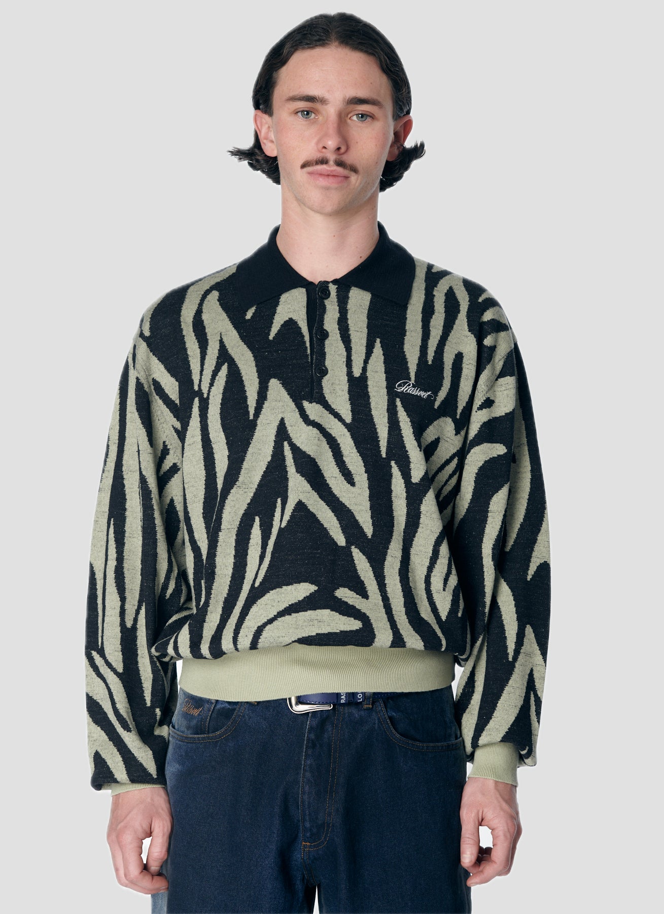 PACC17N004 ~ SAFARI KNIT LS POLO - GREY GREEN / BLACK