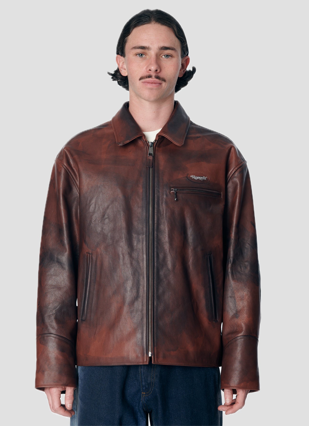 PACC17C001 ~ DISTRESSED LEATHER JACKET - BROWN