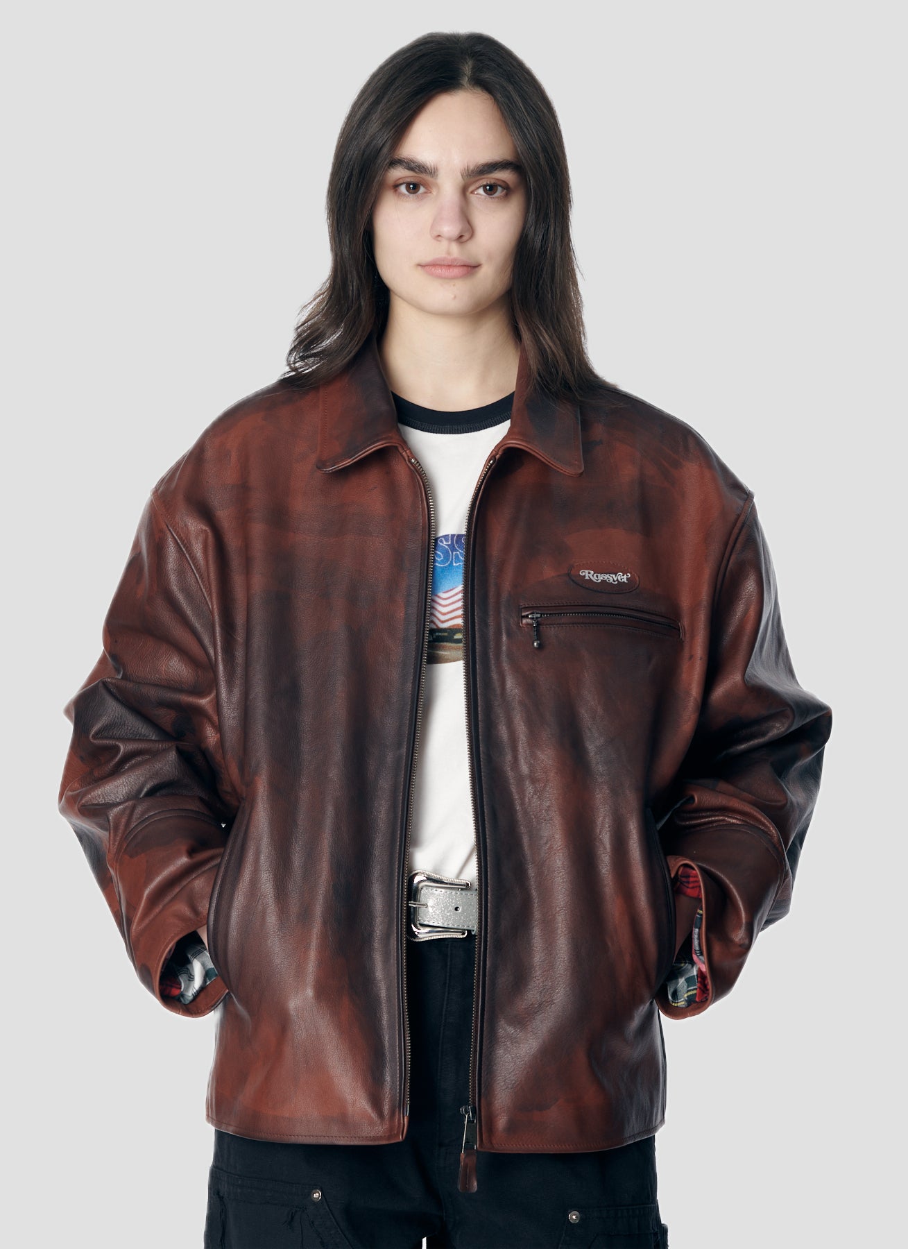 PACC17C001 ~ DISTRESSED LEATHER JACKET - BROWN