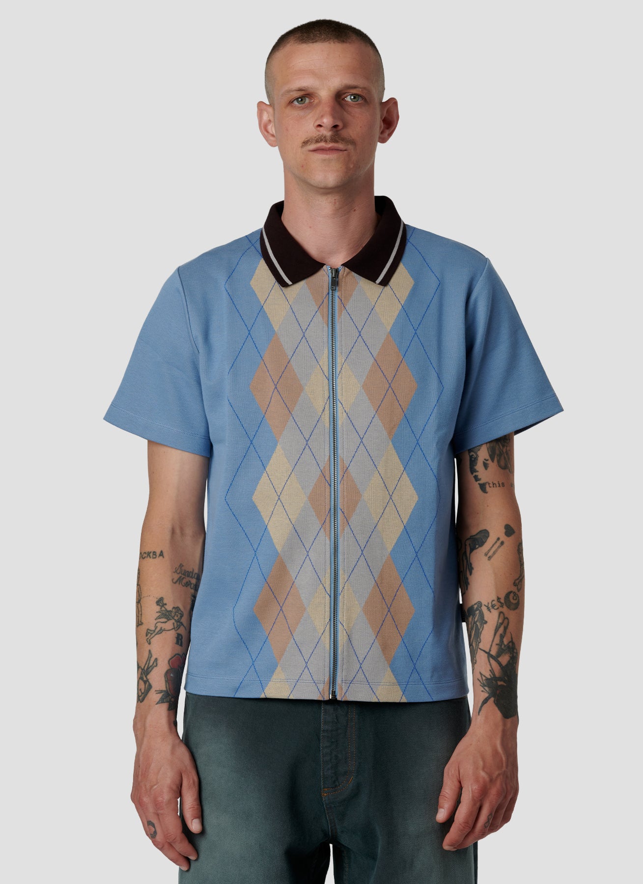 PACC18T026 ~ ARGYLE ZIP POLO - BLUE