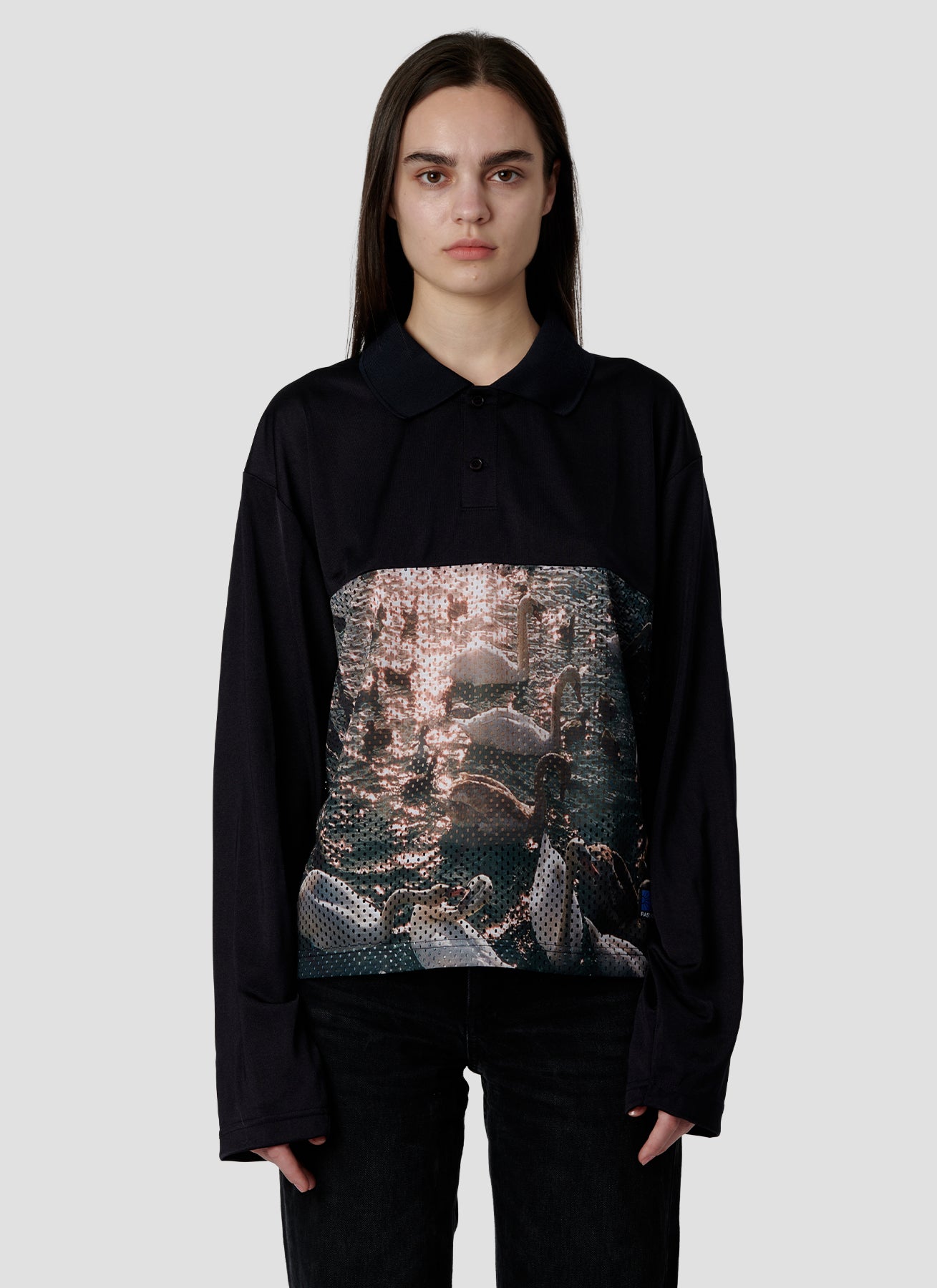 PACC18T016 ~ SASHA MADEMUASELLE SWAN MESH LS POLO - BLACK