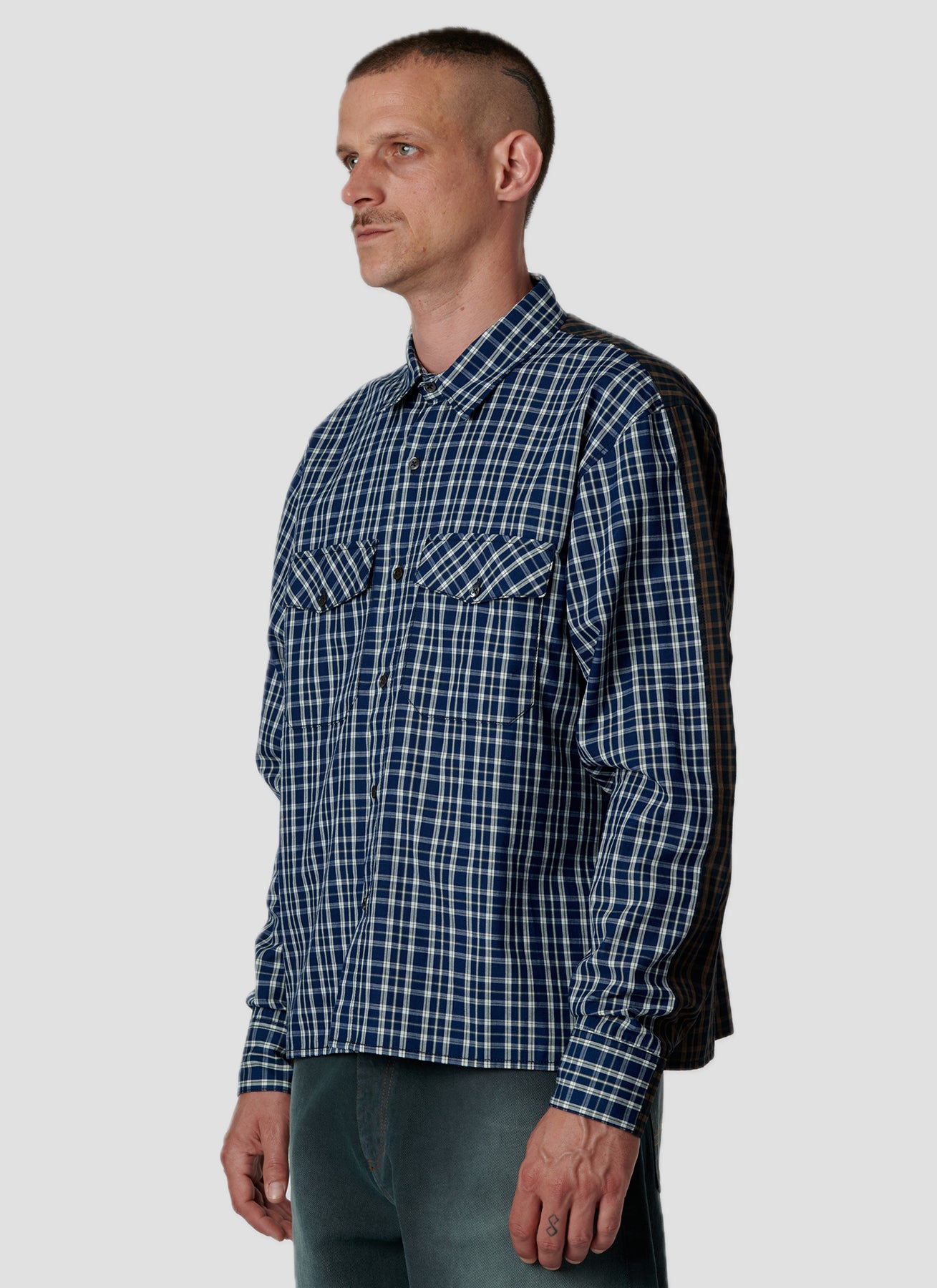 PACC18B005 ~ SPLIT-CHECK MANAGER LS SHIRT - BLUE/BROWN