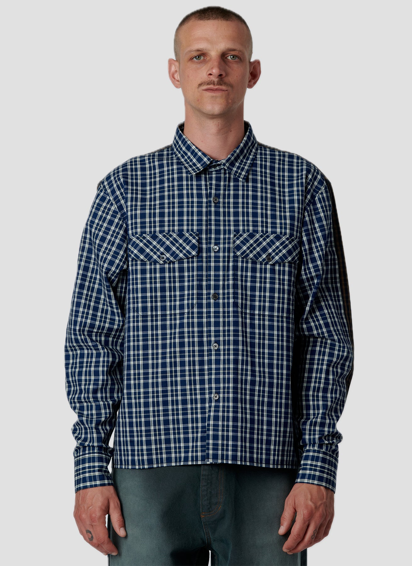 PACC18B005 ~ SPLIT-CHECK MANAGER LS SHIRT - BLUE/BROWN