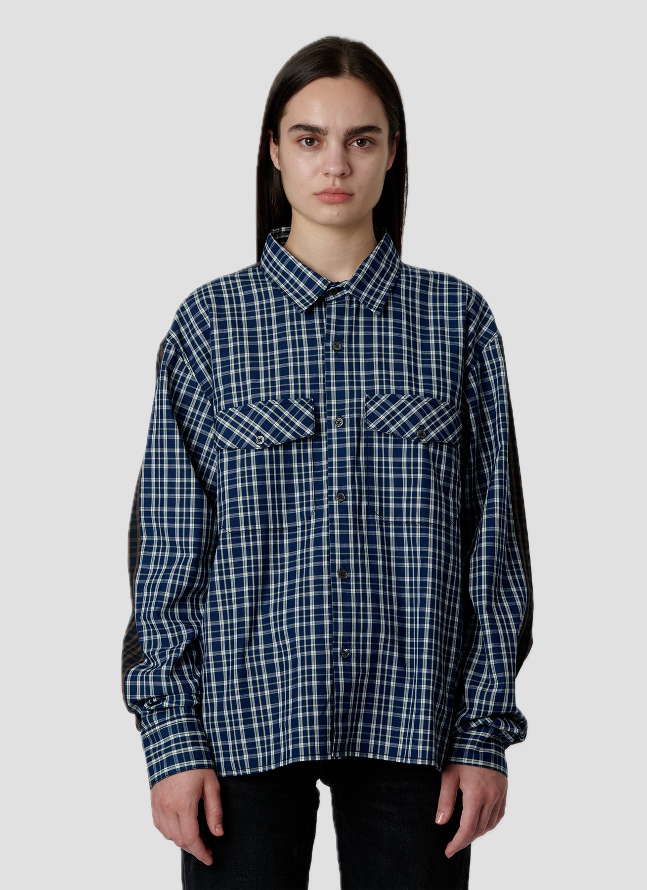 PACC18B005 ~ SPLIT-CHECK MANAGER LS SHIRT - BLUE/BROWN