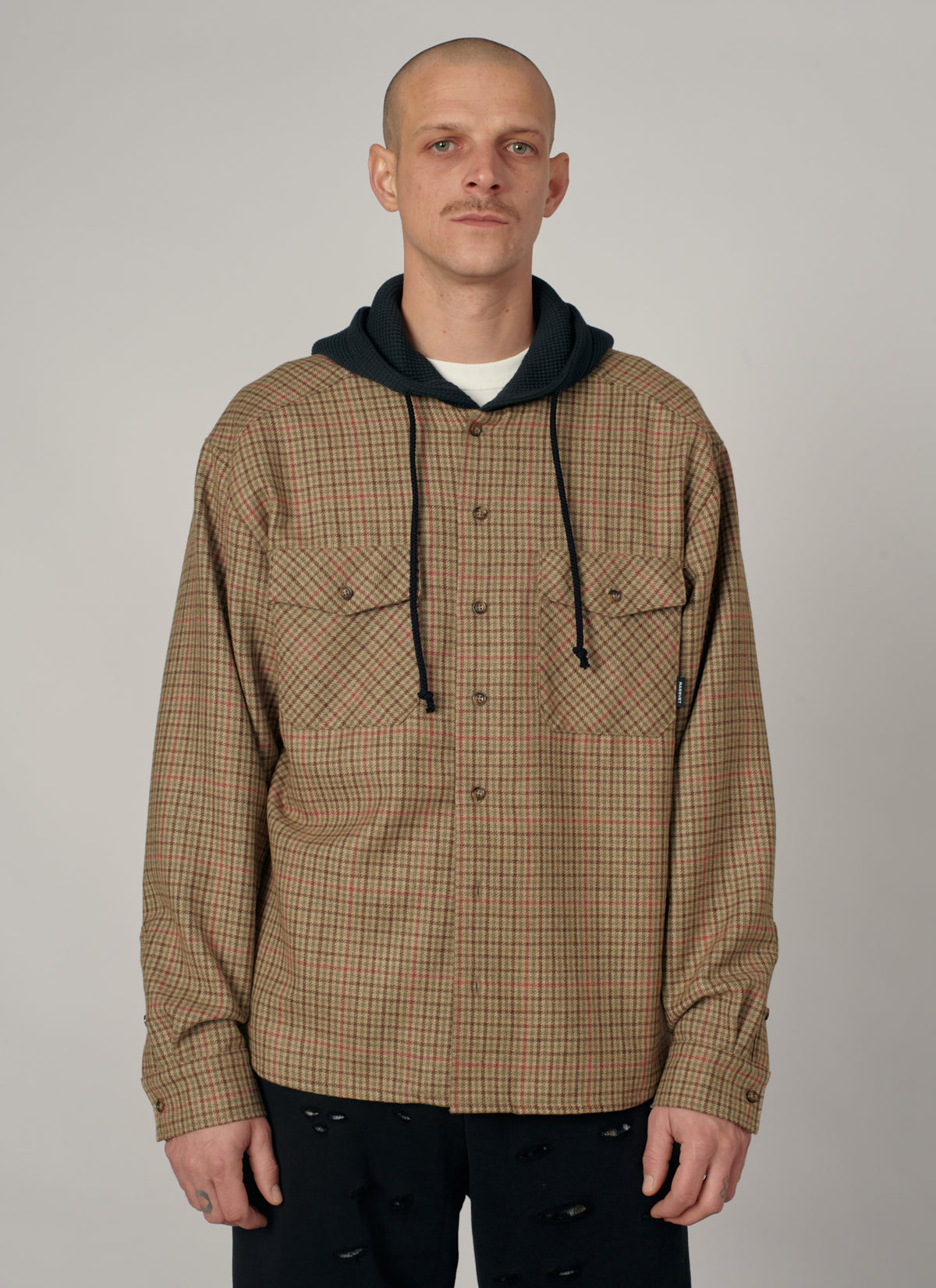 PACC19B003-1 ~ MEN HOODED WOOL COMBO OVERSHIRT BROWN
