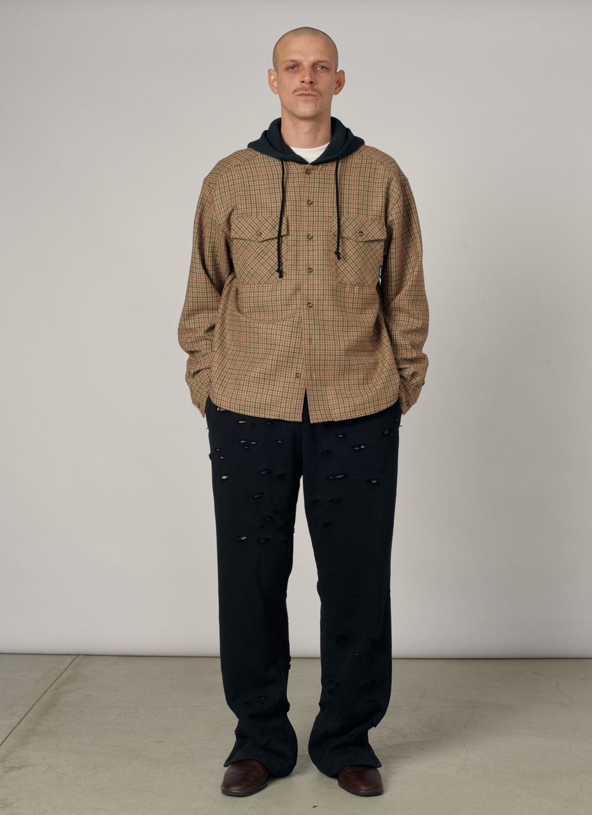 PACC19B003-1 ~ MEN HOODED WOOL COMBO OVERSHIRT BROWN