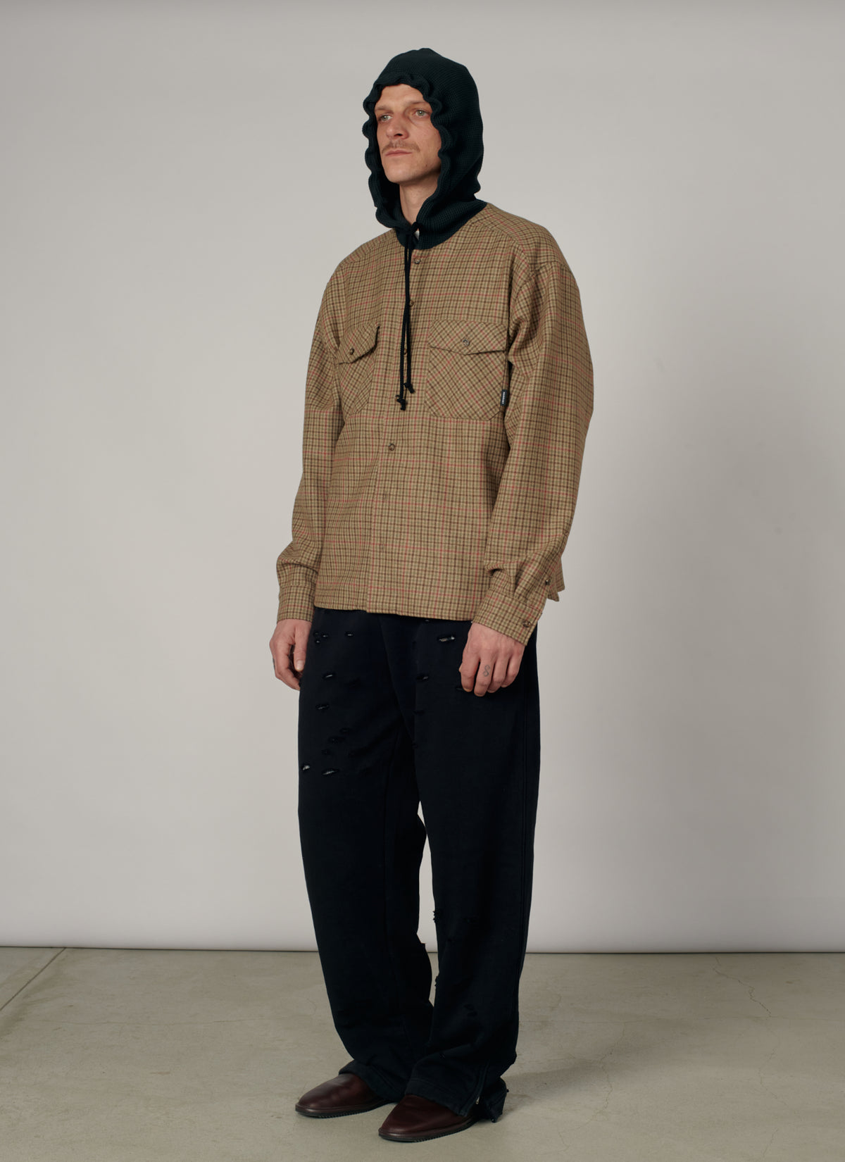 PACC19B003-1 ~ MEN HOODED WOOL COMBO OVERSHIRT BROWN