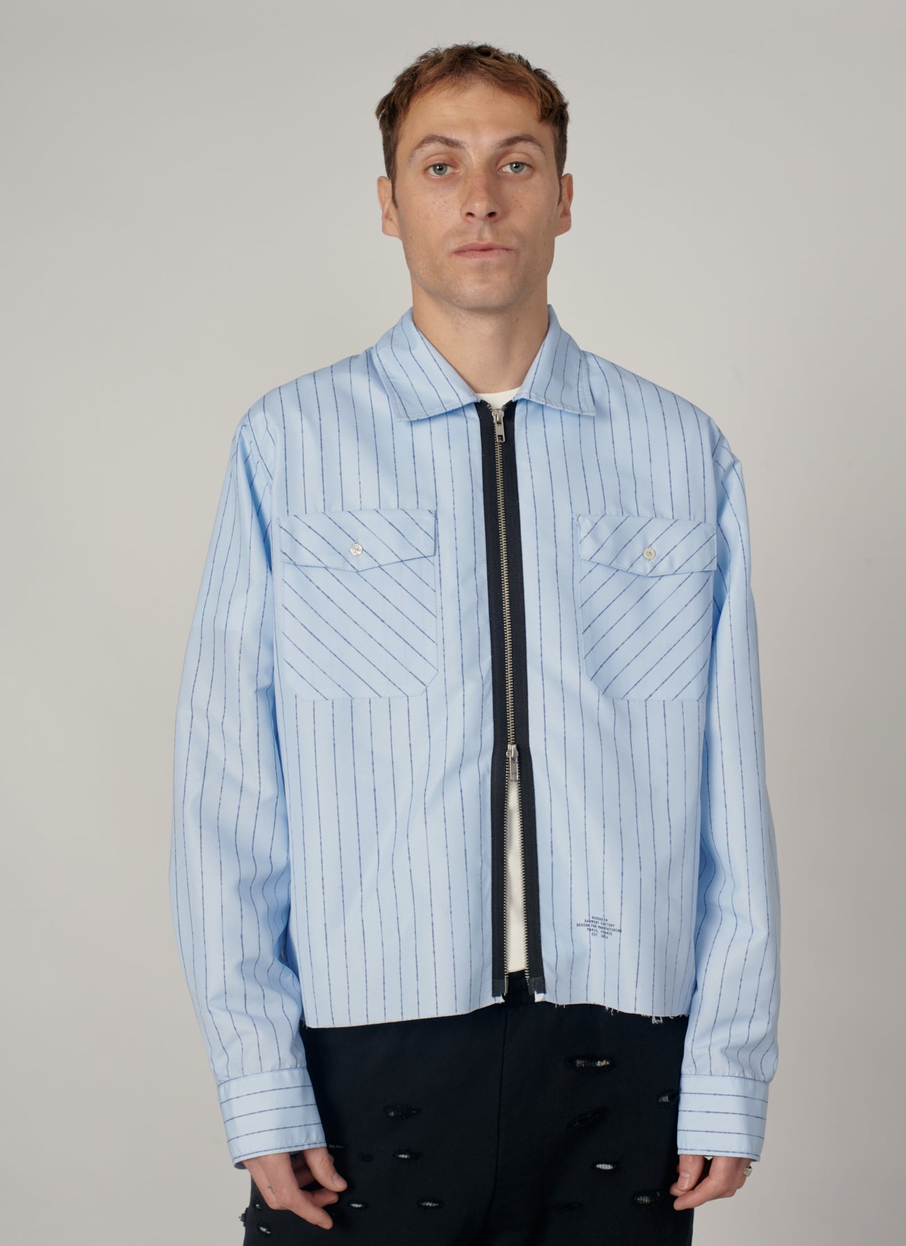 PACC19B006-1 ~ MEN STRIPED LOOSE ZIP SHIRT BLUE