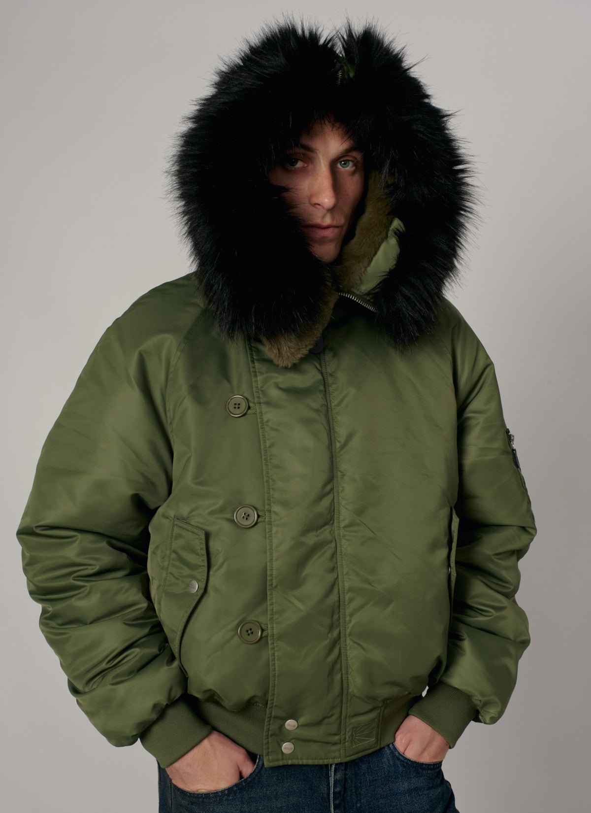 PACC19J006-1 ~ MEN HOODED N-2B BOMBER JACKET GREEN